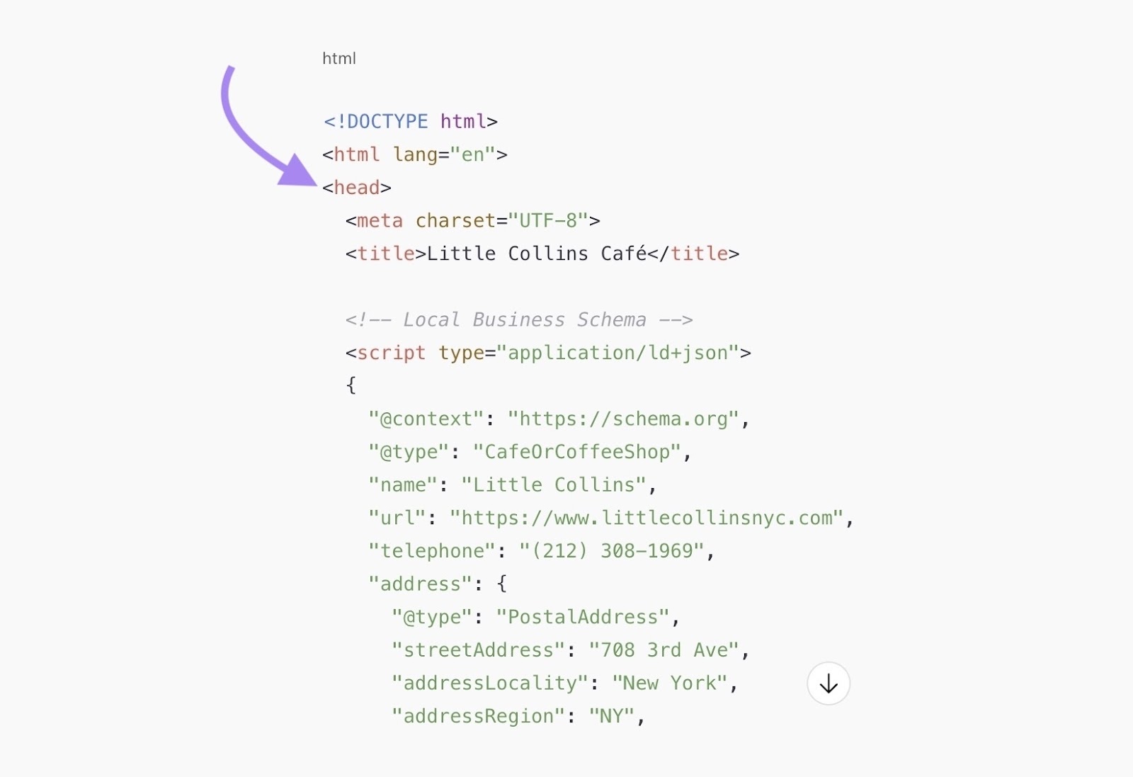 Adding local business schema manually by pasting the code into the <head> section of a local website.