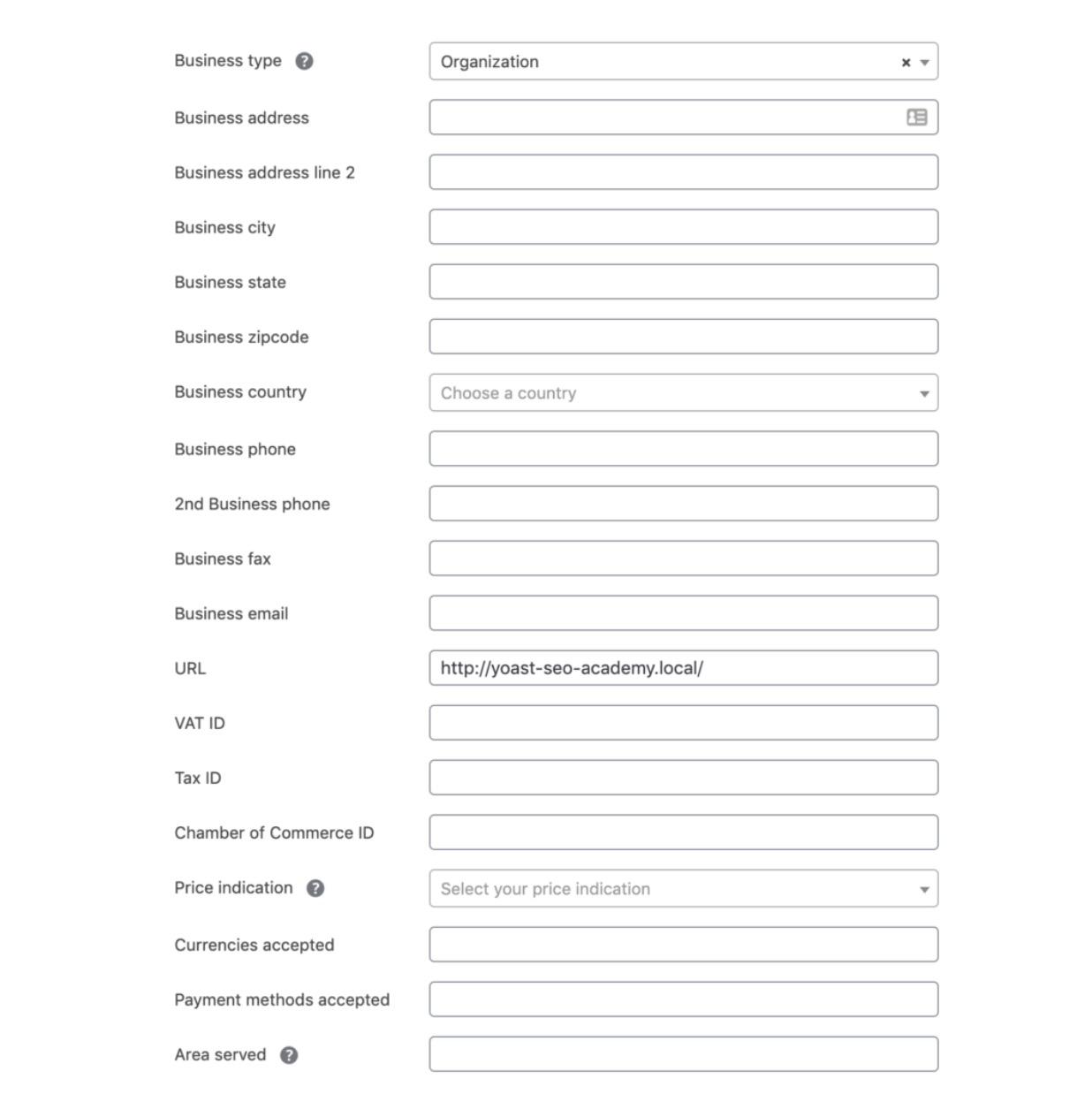 Yoast Local SEO with input fields to add key business details to implement local business schema.