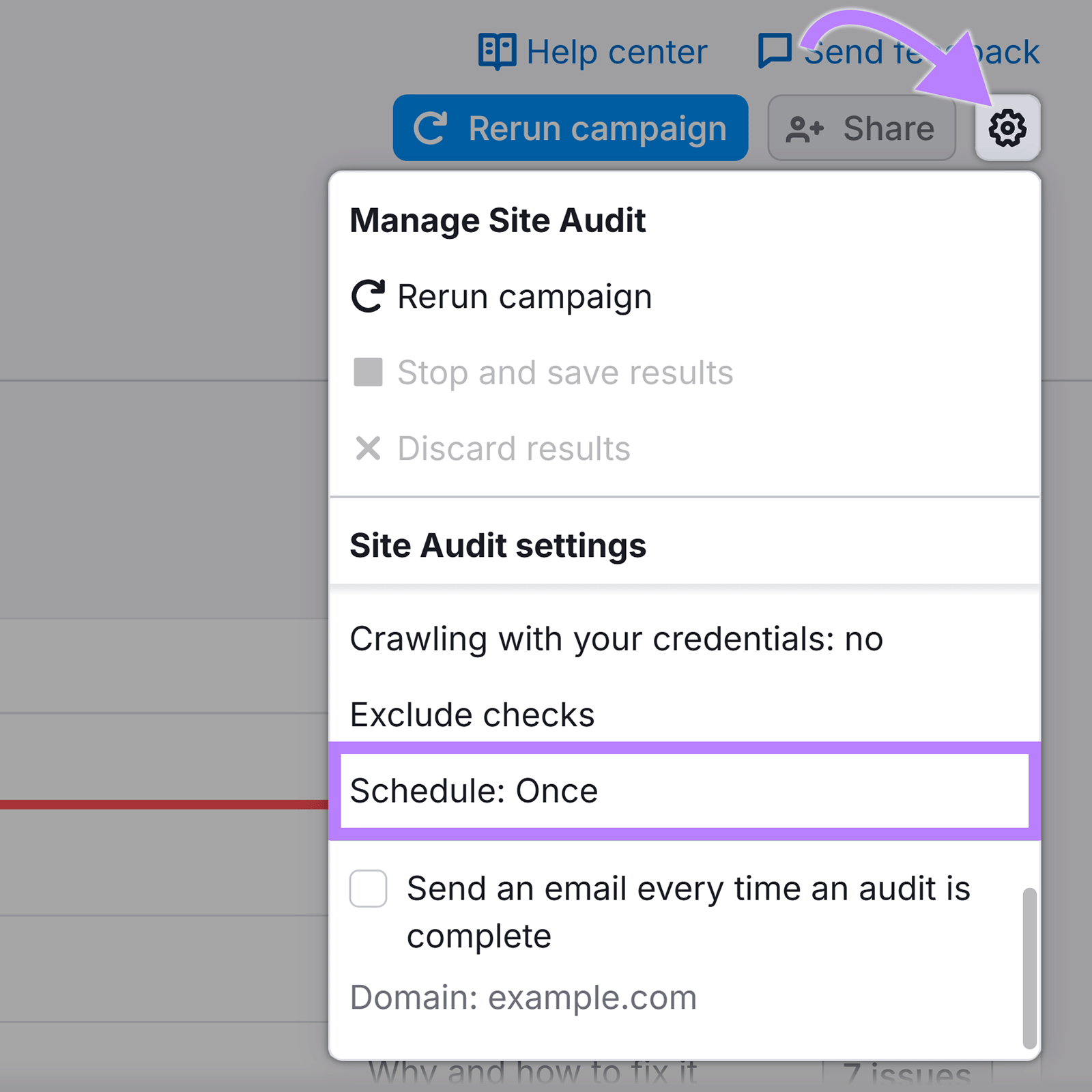 Site Audit settings gear icon clicked with arrow pointing to it and "Schedule: Once" settings option highlighted