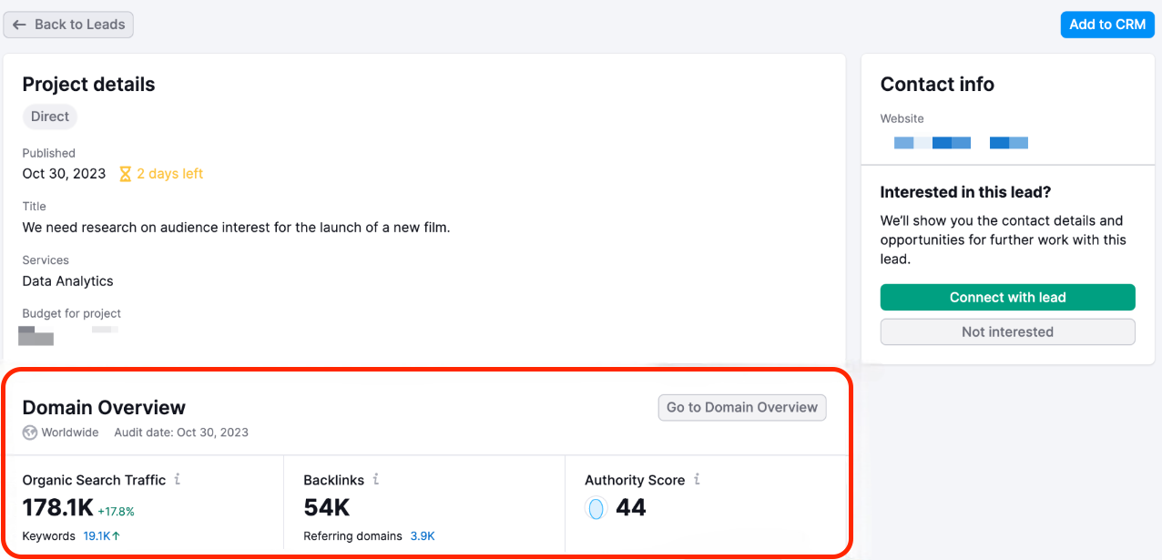 The Domain Overview widget in the Lead's card is below the project description..